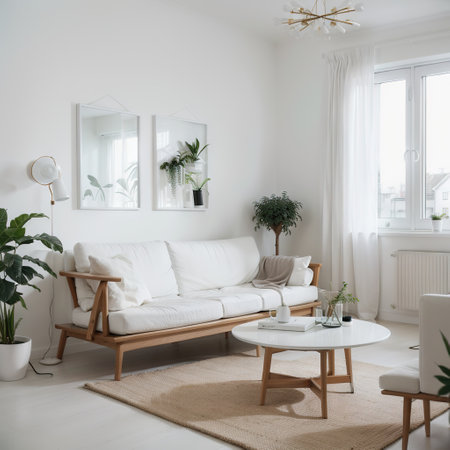 Stylish room in white color with sofa. Scandinavian interior design.の素材