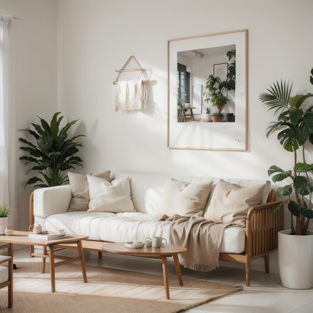 Mock up poster frame in modern beige home interior, Scandinavian style,の素材