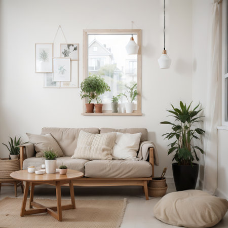 Mock up poster frame in modern beige home interior, Scandinavian style,の素材