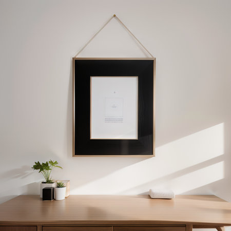 Blank picture frame mockup on a wall. Square orientation. Artwork template in interior designの素材
