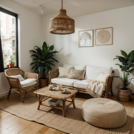Comfortable living room with ethnic interior design in bohemian style. Apartment with home decor, rattan furniture, armchair withの素材