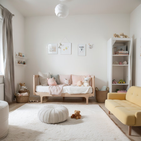 Scandinavian interior design of a playroom with modern designer furniture, a toy piano, soft toys and cute children's accessories.の素材