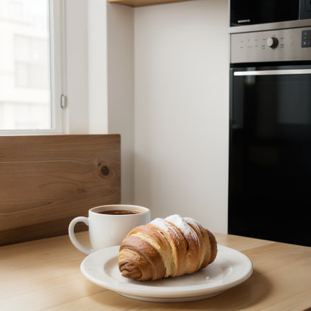 Croissant and coffee on kitchen countertop, against blurred minimalist interior with modern furniture. Selective focus at homemadeの素材