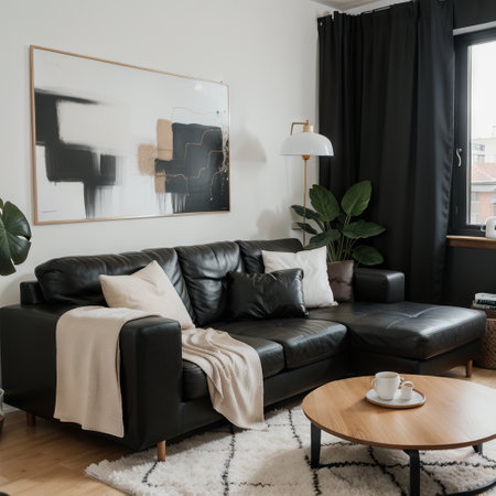 Trendy living room interior with brown corner sofa with black and white pillows and industrial coffee tableの素材