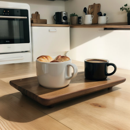 Croissant and coffee on kitchen countertop, against blurred minimalist interior with modern furniture. Selective focus at homemadeの素材