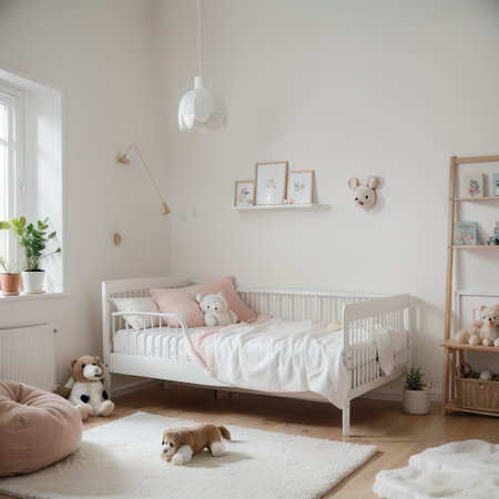 Scandinavian interior design of a playroom with modern designer furniture, a toy piano, soft toys and cute children's accessories.の素材