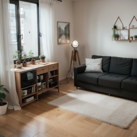 Studio room interior with kitchen top view. Sofa, armchair and coffee table, countertop with sink, dinner table with electric ovenの素材