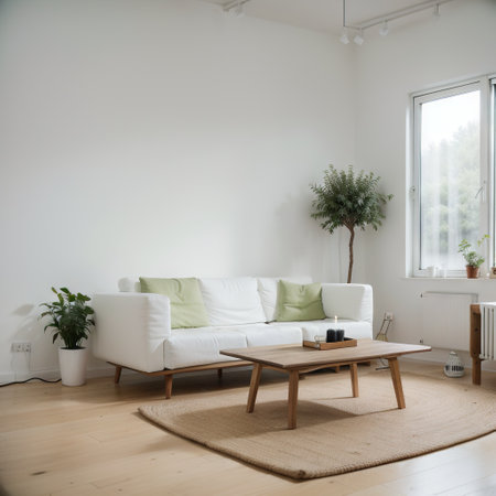 interior living room with bright clean white walls airy green forest view and minimalist furnishingsの素材