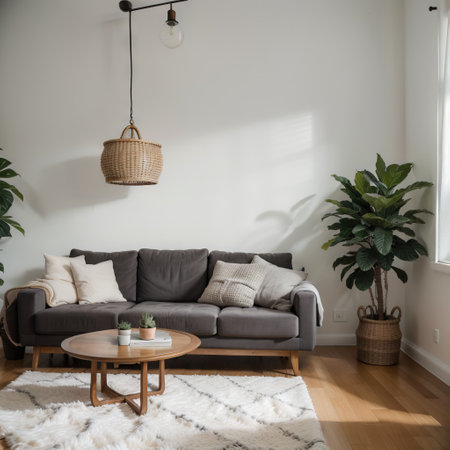 Interior of bright living room with cozy grey sofas and coffee table on soft carpetの素材