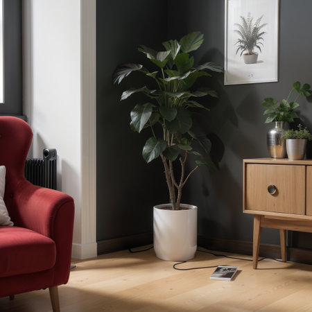 Real photo of a red armchair in a dark living room interior with a small table, black lamp and a chest with the plants and ornamenの素材