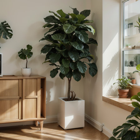 Clean, blank sage green wall with tropical fiddle leaf fig tree in gray round ceramic pot on brown parquet floor in sunlight for iの素材