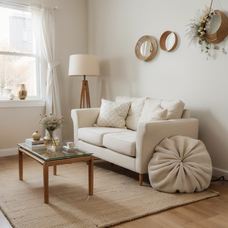 Aesthetic composition of living room interior with copy space, boucle armchair, vase with dried flowers, round pillow, wooden sideの素材
