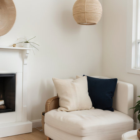 Beige and white textiles and a modern spherical pendant light in a sunny, tranquil living room interior with natural decor.の素材