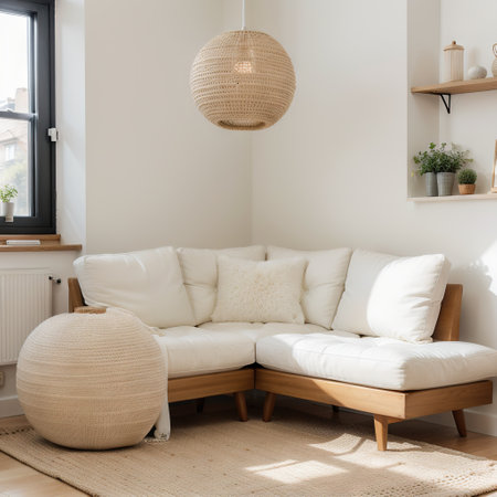 Beige and white textiles and a modern spherical pendant light in a sunny, tranquil living room interior with natural decor.の素材