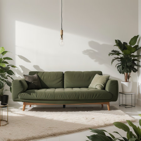 Empty green living room wall mockup with beige velvet sofa, pillow and plant on blank white interior background. Illustration, ingの素材