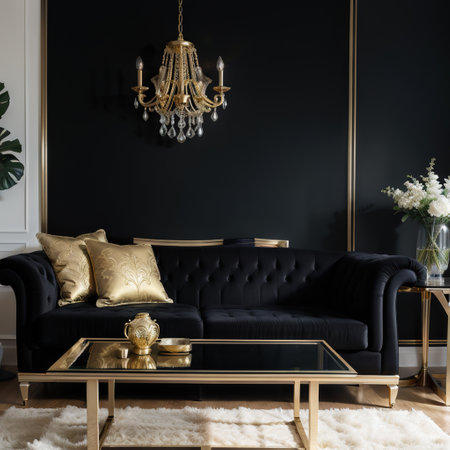 Stylish and elegant details in the glamour living room interior. Golden metal coffee table and creative personal accesories. Darkの素材