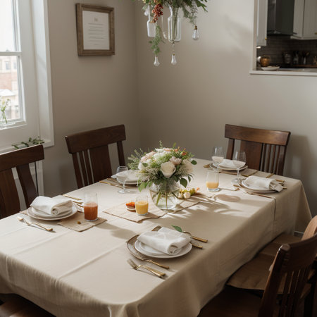 Table served for dinner. Cozy kitchen interior. Cultery and napkins on table for guests. breakfast. Dining time. No people.の素材