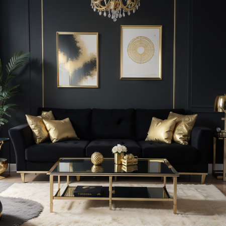 Stylish and elegant details in the glamour living room interior. Golden metal coffee table and creative personal accesories. Darkの素材