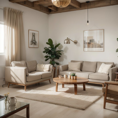 Contemporary nomadic home interior background in warm beige tones,の素材