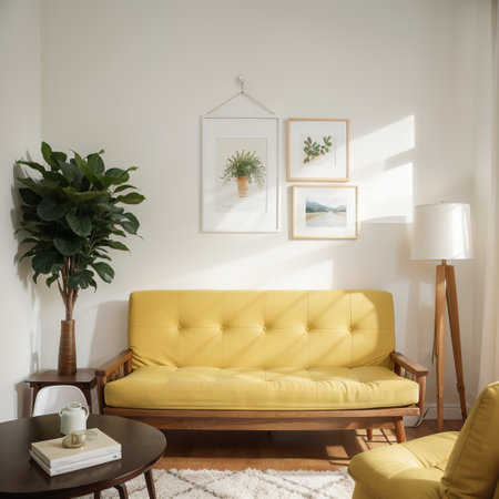 Modern yellow room with blue classic sofa and easel paint decor interior style.の素材