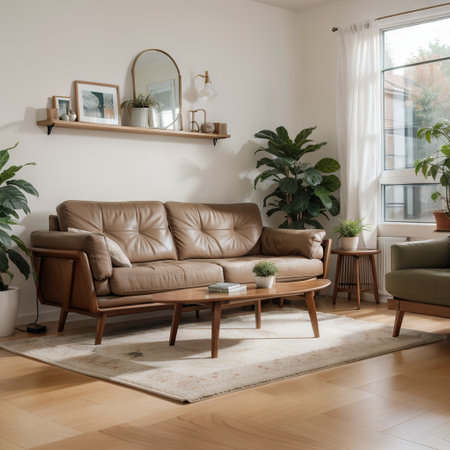An interior design of a living room space with brown couches, light wooden floors and light brown wooden furniture.の素材