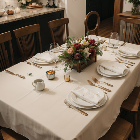 Table served for dinner. Cozy kitchen interior. Cultery and napkins on table for guests. breakfast. Dining time. No people.の素材
