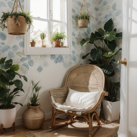Country wooden bedroom close up in boho style in white and blue tones. Bed, hanging chair and potted plants. Window with shuttersの素材