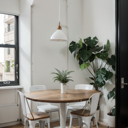 White, industrial dining room with metal wardrobe and wood tableの素材