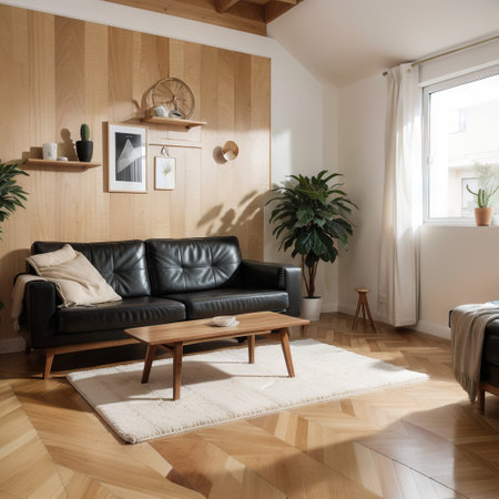 Modern living room with parquet flooring and stylish furnitureの素材
