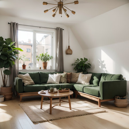 Cozy living room interior with green, suede armchair, wooden sofa with cushions and decorations on a wooden ladderの素材