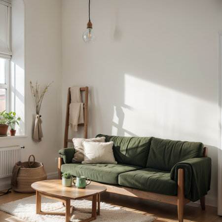 Cozy living room interior with green, suede armchair, wooden sofa with cushions and decorations on a wooden ladderの素材