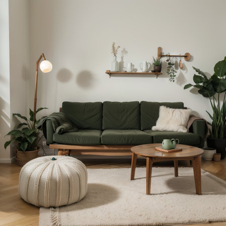 Cozy living room interior with green, suede armchair, wooden sofa with cushions and decorations on a wooden ladderの素材