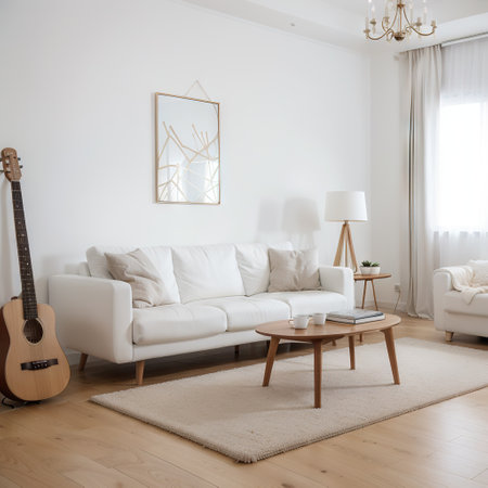 Empty white wall with sofa and carpet on wooden floor. ing of interior living roomの素材