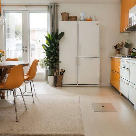 cozy well designed modern kitchen interior with appliances and carpetの素材