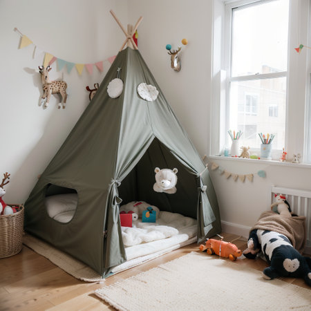 Cozy kids room with play tent, toys and comfortable floor bed. Montessori interiorの素材