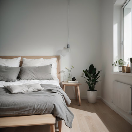 Modern minimalistic bedroom interior design in grey shades with light green bed, eucalyptus in glass vase, concrete ceiling. Lightの素材