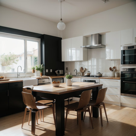 Modern cozy kitchen interior with white kitchen set, dining area and window. Flat style  graphic illustration.の素材