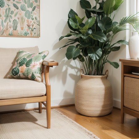 Stylish and floral composition of living room interior with rattan armchair, a lot of tropical plants in design pots, decoration,の素材