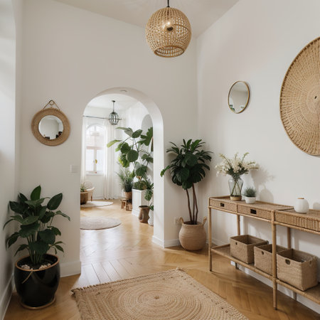 Hallway interior with big round mirror, table and decor near brick wallの素材