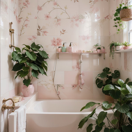 pink patterned tile shower with plants sitting on shelfの素材