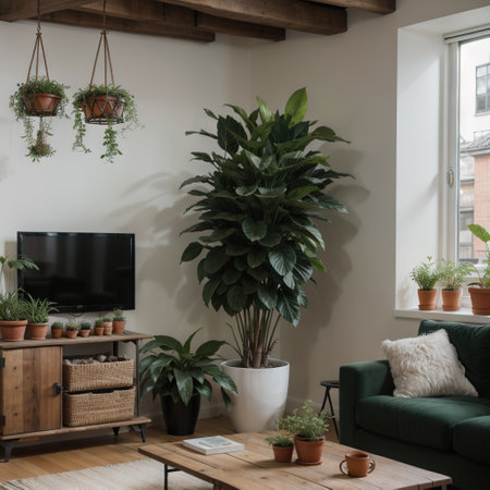Different indoor plants in living room with decorations on the table Stylish composition of home garden green industrial interior.の素材
