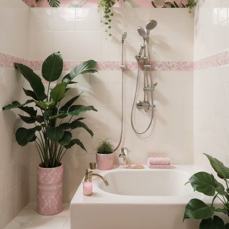 pink patterned tile shower with plants sitting on shelfの素材