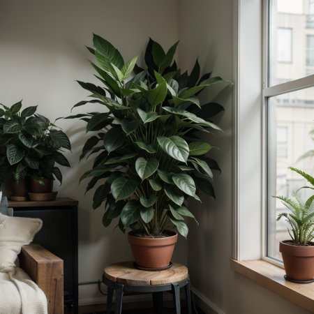 Different indoor plants in living room with decorations on the table Stylish composition of home garden green industrial interior.の素材