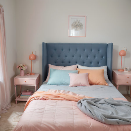 Pastel blue, pink and orange bedding on double bed in chic bedroom interiorの素材