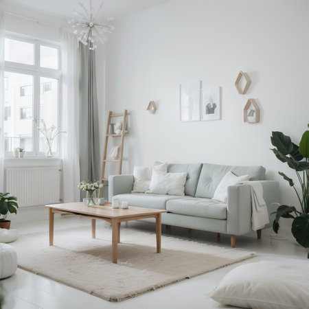 Stylish room in white color with sofa. Scandinavian interior design.の素材