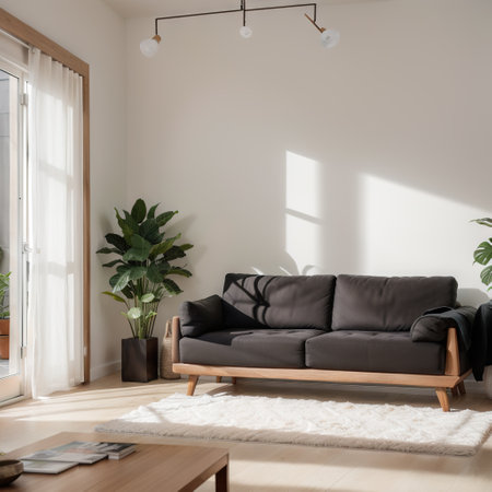 Modern living room with empty wall and sofa on wooden floor. ing.の素材