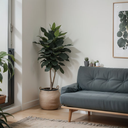 Living room with sofa, small shelf and plants,minimal design, ingの素材