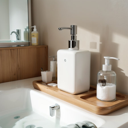 Modern bathroom interior with bathtub and water tap. Panoramic view of tray with hairbrush, soap in bottle dispenser and clean towの素材