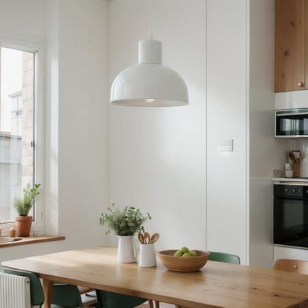 Kitchen wooden table top and kitchen blur background interior style scandinavianの素材
