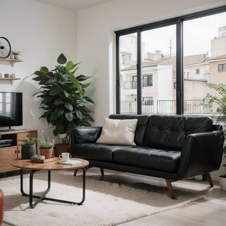 Modern bicycle and comfortable sofa in stylish living room interiorの素材